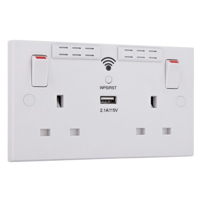 BG Double Socket with WiFi Range Extender and USB Charger White Square